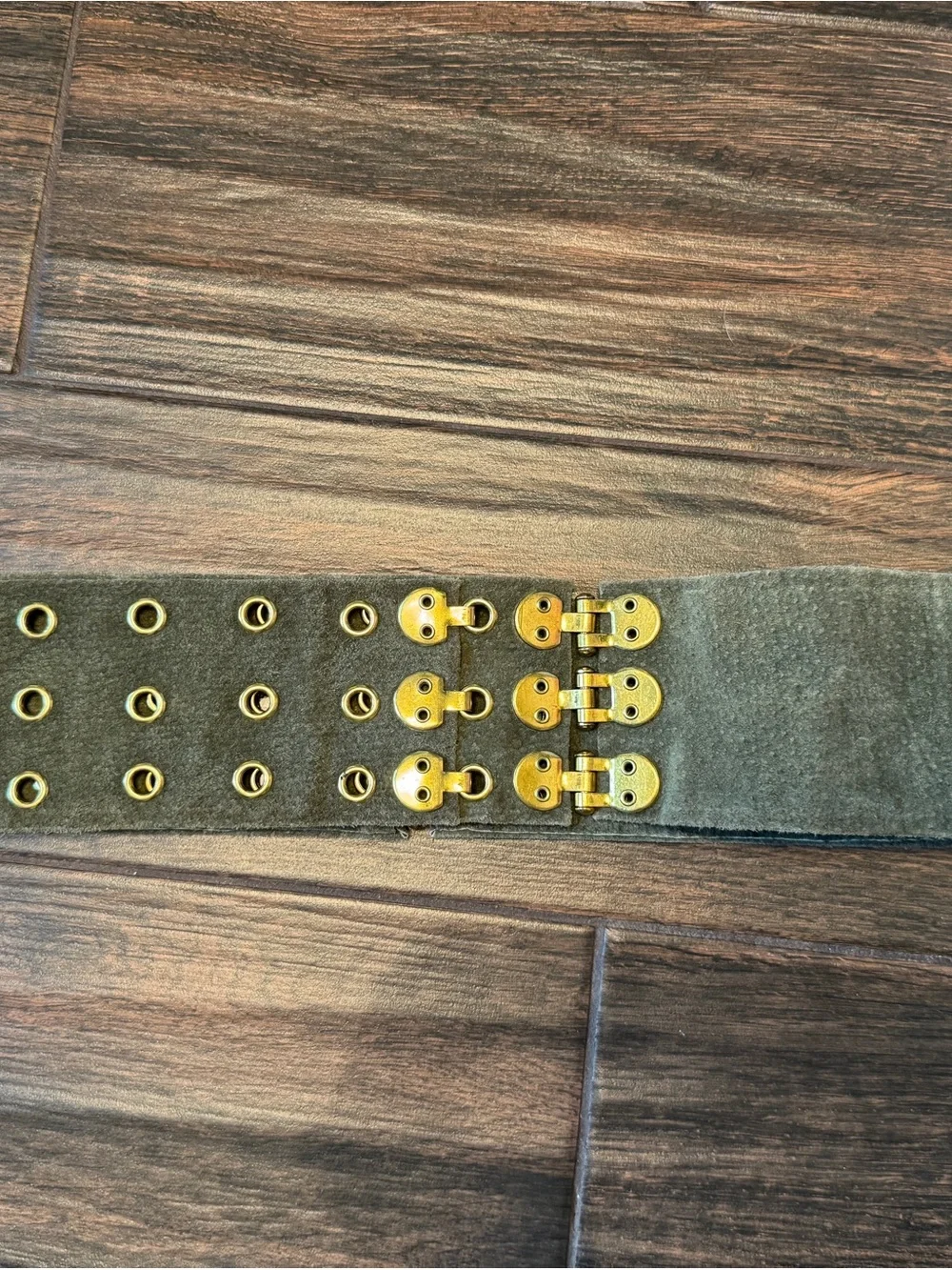 Suzanne Somers Olive Green Suede Wide Waist Belt Gold Hardware Adjustable M/L